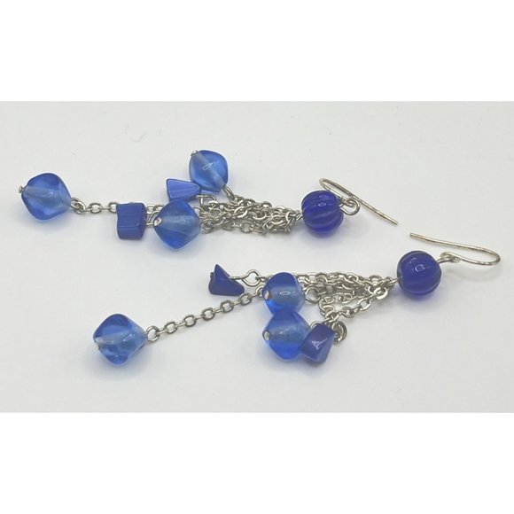 Blue Beaded Earrings Silver Tone Tassels Vintage Dangle - Picture 2 of 6